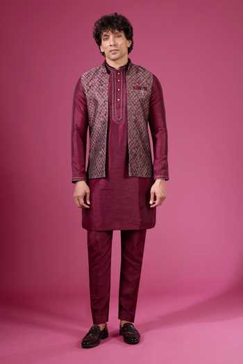 Arihant Rai Sinha Maroon Jacquard, Silk Sleeveless Nehru Jacket Set at Aza Fashions Arihant Rai Sinha_Maroon Jacquard, Silk Sleeveless Nehru Jacket Set _at_Aza_Fashions