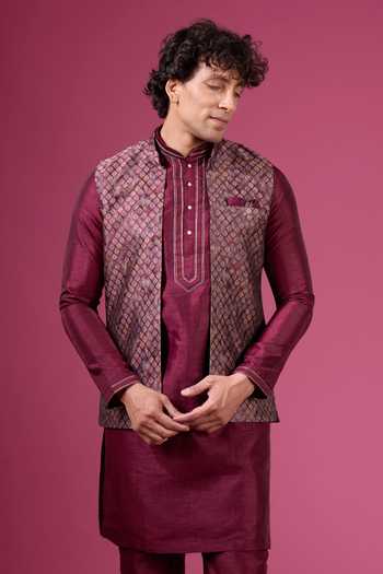 Buy Arihant Rai Sinha Maroon Jacquard, Silk Sleeveless Nehru Jacket Set Buy_Arihant Rai Sinha_Maroon Jacquard, Silk Sleeveless Nehru Jacket Set