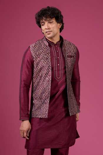 Shop Arihant Rai Sinha Maroon Jacquard, Silk Sleeveless Nehru Jacket Set Shop_Arihant Rai Sinha_Maroon Jacquard, Silk Sleeveless Nehru Jacket Set