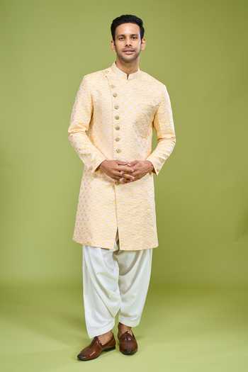 Arihant Rai Sinha_Yellow Brocade Zari Embroidery Sherwani Jacket Set _at_Aza_Fashions