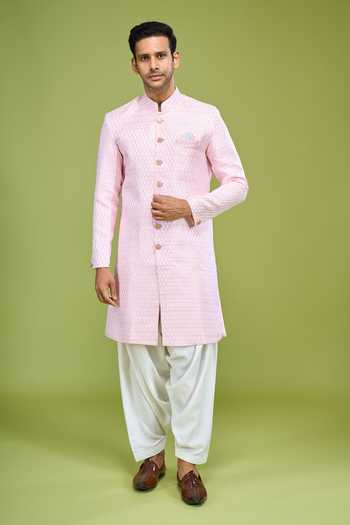Shop Arihant Rai Sinha Pink Brocade Sequin Embroidered Sherwani And Patiala Pant Set Shop_Arihant Rai Sinha_Pink Brocade Sequin Embroidered Sherwani And Patiala Pant Set