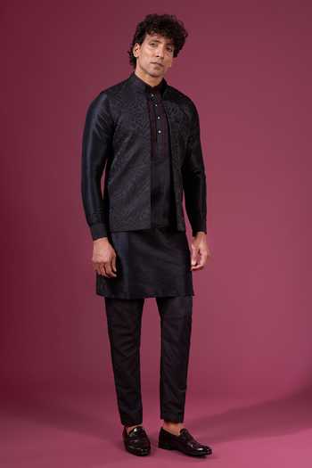 Shop Arihant Rai Sinha Black Jacquard, Silk Nehru Jacket Kurta Set Shop_Arihant Rai Sinha_Black Jacquard, Silk Nehru Jacket Kurta Set