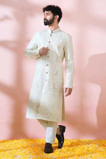 Buy_Arihant Rai Sinha_White Silk, Polyester, Viscose Embroidery, Sequins, Paisley Sherwani And Pant Set _Online_at_Aza_Fashions