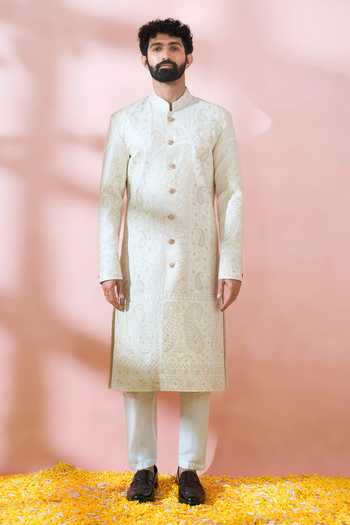 Arihant Rai Sinha_White Silk, Polyester, Viscose Embroidery, Sequins, Paisley Sherwani And Pant Set _at_Aza_Fashions