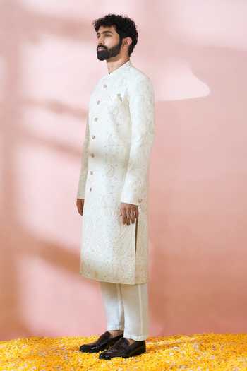 Buy_Arihant Rai Sinha_White Silk, Polyester, Viscose Embroidery, Sequins, Paisley Sherwani And Pant Set 
