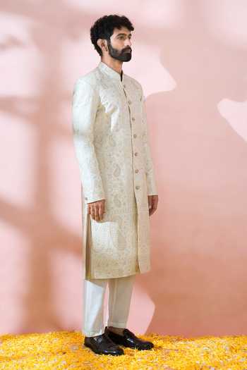 Shop_Arihant Rai Sinha_White Silk, Polyester, Viscose Embroidery, Sequins, Paisley Sherwani And Pant Set 