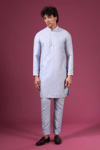Shop Arihant Rai Sinha Blue Silk Embroidery, Zari Flower Pattern Nehru Jacket Kurta Set Online at Aza Fashions Shop_Arihant Rai Sinha_Blue Silk Embroidery, Zari Flower Pattern Nehru Jacket Kurta Set _Online_at_Aza_Fashions