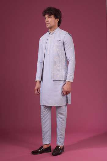 Arihant Rai Sinha Blue Silk Embroidery, Zari Flower Pattern Nehru Jacket Kurta Set at Aza Fashions Arihant Rai Sinha_Blue Silk Embroidery, Zari Flower Pattern Nehru Jacket Kurta Set _at_Aza_Fashions