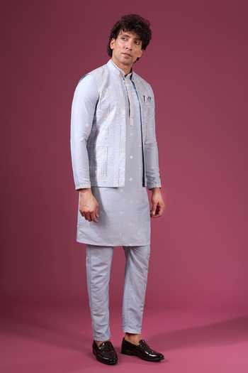 Buy Arihant Rai Sinha Blue Silk Embroidery, Zari Flower Pattern Nehru Jacket Kurta Set Buy_Arihant Rai Sinha_Blue Silk Embroidery, Zari Flower Pattern Nehru Jacket Kurta Set