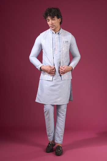 Shop Arihant Rai Sinha Blue Silk Embroidery, Zari Flower Pattern Nehru Jacket Kurta Set Shop_Arihant Rai Sinha_Blue Silk Embroidery, Zari Flower Pattern Nehru Jacket Kurta Set