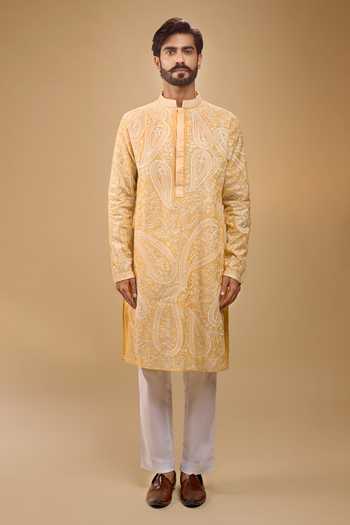 Buy_Arihant Rai Sinha_Orange Chanderi, Cotton Satin Embroidered Kurta And Pant Set _Online_at_Aza_Fashions