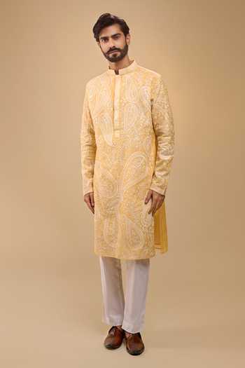 Shop_Arihant Rai Sinha_Orange Chanderi, Cotton Satin Embroidered Kurta And Pant Set _Online_at_Aza_Fashions