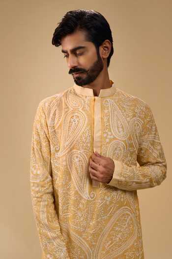 Arihant Rai Sinha_Orange Chanderi, Cotton Satin Embroidered Kurta And Pant Set _at_Aza_Fashions