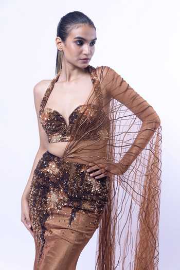 Siddhant Agrawal_Brown Tissue, Tulle Halter Molten Mirage Pre-draped Lehenga Saree With Blouse _at_Aza_Fashions