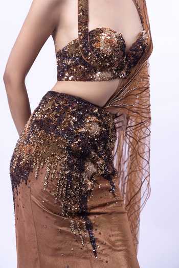 Buy_Siddhant Agrawal_Brown Tissue, Tulle Halter Molten Mirage Pre-draped Lehenga Saree With Blouse 