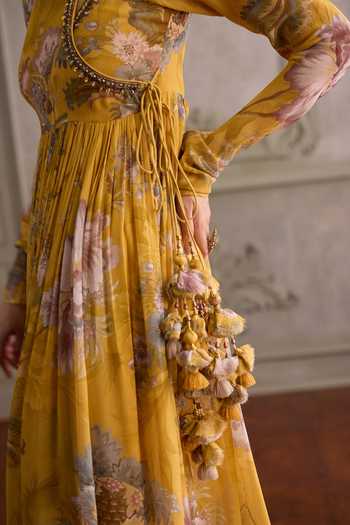 Shop Kalista Yellow Viscose Georgette, Net Keyhole Neck Navyha Floral Print Angarkha Set Online at Aza Fashions Shop_Kalista_Yellow Viscose Georgette, Net Keyhole Neck Navyha Floral Print Angarkha Set _Online_at_Aza_Fashions
