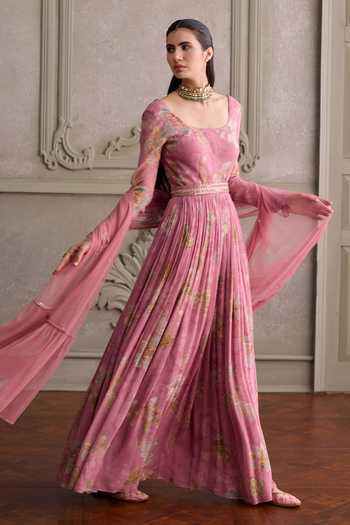 Buy Kalista Pink Viscose Georgette, Net Square Neck Sanya Floral Print Anarkali With Dupatta Online at Aza Fashions Buy_Kalista_Pink Viscose Georgette, Net Square Neck Sanya Floral Print Anarkali With Dupatta _Online_at_Aza_Fashions