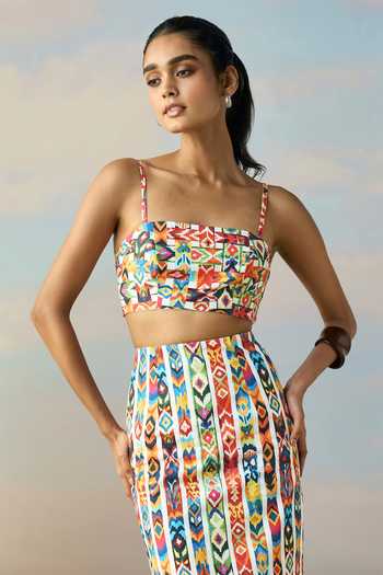 Buy Dash And Dot Multi Color Cotton Square Neck Ikat Stripe Bandeau Top And Skirt Set Online at Aza Fashions Buy_Dash And Dot_Multi Color Cotton Square Neck Ikat Stripe Bandeau Top And Skirt Set _Online_at_Aza_Fashions