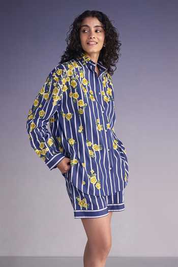 Dash And Dot Floral Embroidered Stripe Shirt 
