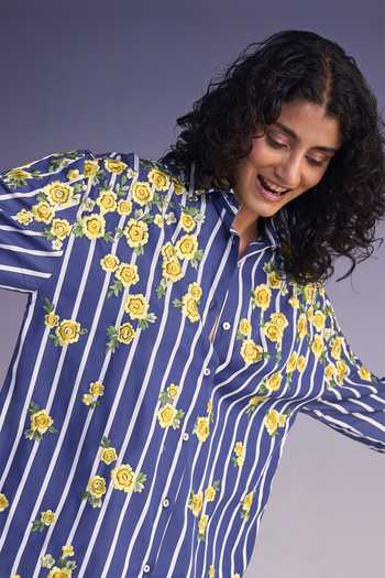Buy Dash And Dot Blue Cotton Collared Neck Floral Embroidered Stripe Shirt Online at Aza Fashions Buy_Dash And Dot_Blue Cotton Collared Neck Floral Embroidered Stripe Shirt _Online_at_Aza_Fashions