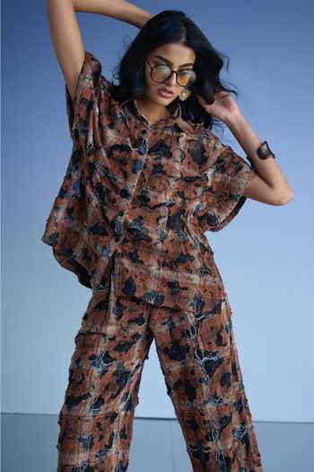 Dash And Dot_Black Cotton Collared Neck Distressed Abstract Pattern Shirt And Pant Set _Online_at_Aza_Fashions