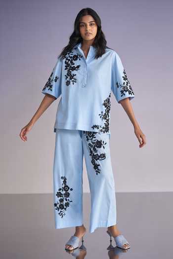 Dash And Dot Blue Cotton Collared Neck Floral Bead Embroidered Shirt Online at Aza Fashions Dash And Dot_Blue Cotton Collared Neck Floral Bead Embroidered Shirt _Online_at_Aza_Fashions