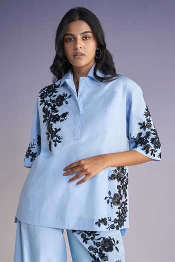Dash And Dot Floral Bead Embroidered Shirt