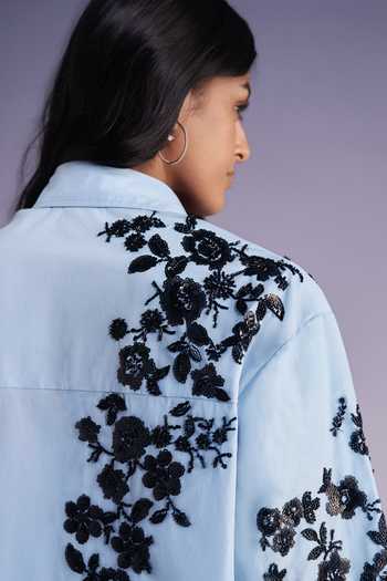 Shop Dash And Dot Blue Cotton Collared Neck Floral Bead Embroidered Shirt Online at Aza Fashions Shop_Dash And Dot_Blue Cotton Collared Neck Floral Bead Embroidered Shirt _Online_at_Aza_Fashions