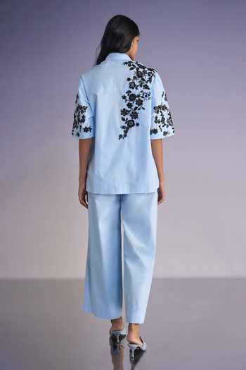 Shop Dash And Dot Blue Cotton Collared Neck Floral Bead Embroidered Shirt And Pant Set at Aza Fashions Shop_Dash And Dot_Blue Cotton Collared Neck Floral Bead Embroidered Shirt And Pant Set _at_Aza_Fashions