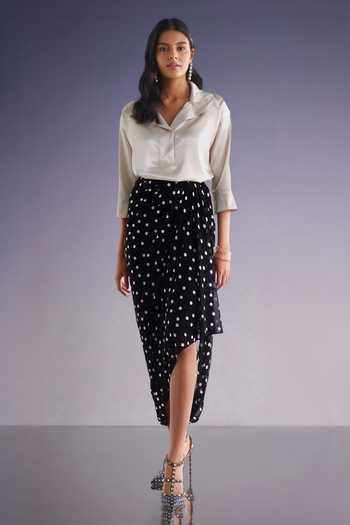 Dash And Dot Beige Polyester V-neck Boxy Popover Top And Polka Dot Draped Skirt Online at Aza Fashions Dash And Dot_Beige Polyester V-neck Boxy Popover Top And Polka Dot Draped Skirt _Online_at_Aza_Fashions
