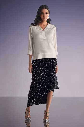 Buy Dash And Dot Beige Polyester V-neck Boxy Popover Top And Polka Dot Draped Skirt Online at Aza Fashions Buy_Dash And Dot_Beige Polyester V-neck Boxy Popover Top And Polka Dot Draped Skirt _Online_at_Aza_Fashions