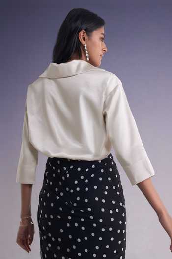 Shop Dash And Dot Beige Polyester V-neck Boxy Popover Top And Polka Dot Draped Skirt Online at Aza Fashions Shop_Dash And Dot_Beige Polyester V-neck Boxy Popover Top And Polka Dot Draped Skirt _Online_at_Aza_Fashions
