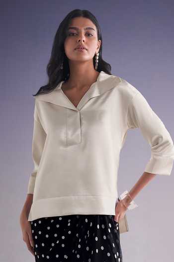 Dash And Dot Beige Polyester V-neck Boxy Popover Top And Polka Dot Draped Skirt at Aza Fashions Dash And Dot_Beige Polyester V-neck Boxy Popover Top And Polka Dot Draped Skirt _at_Aza_Fashions