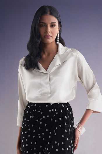 Buy Dash And Dot Beige Polyester V-neck Boxy Popover Top And Polka Dot Draped Skirt Buy_Dash And Dot_Beige Polyester V-neck Boxy Popover Top And Polka Dot Draped Skirt