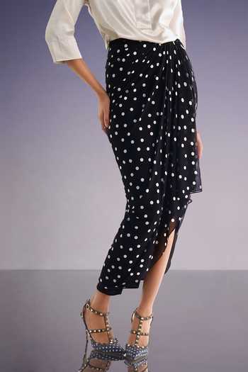 Shop Dash And Dot Beige Polyester V-neck Boxy Popover Top And Polka Dot Draped Skirt Shop_Dash And Dot_Beige Polyester V-neck Boxy Popover Top And Polka Dot Draped Skirt