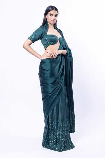 Shop_Siddhant Agrawal_Green Silk Satin Verdant Mirage Pre-draped Saree With Embroidered Blouse _Online_at_Aza_Fashions