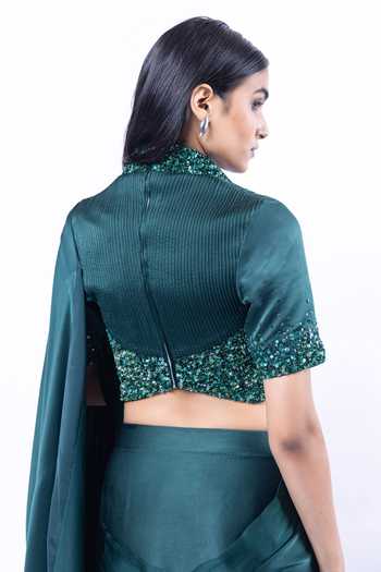 Buy_Siddhant Agrawal_Green Silk Satin Verdant Mirage Pre-draped Saree With Embroidered Blouse 