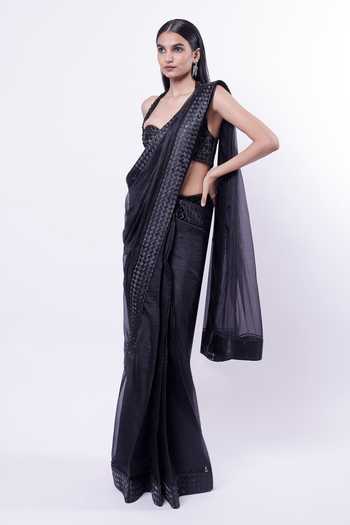 Buy_Siddhant Agrawal_Black Chiffon, Satin, Ember Dusk Pre-draped Saree With Embroidered Blouse 