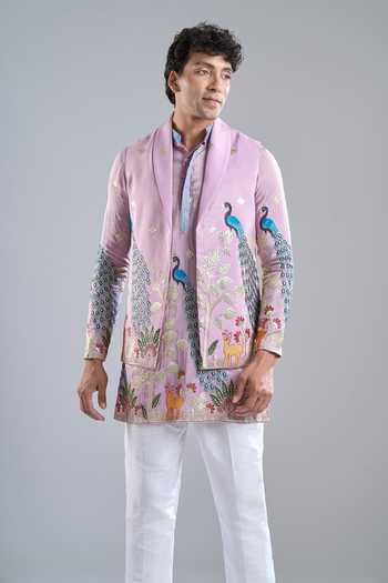 Shop Arihant Rai Sinha Purple Shantoon, Tissue Embroidery Rangeela Mor Kurta With Koti Jacket Shop_Arihant Rai Sinha_Purple Shantoon, Tissue Embroidery Rangeela Mor Kurta With Koti Jacket