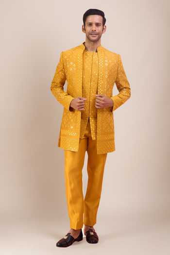 Shop_Arihant Rai Sinha_Yellow Silk Mirrors, Embroidery Work Bandhgala Set 