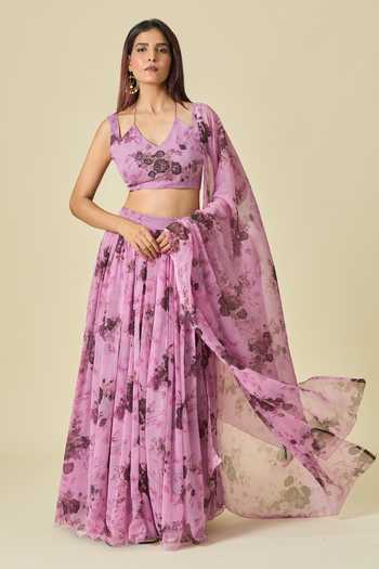 Buy Khwaab By Sanjana Lakhani Purple Chiffon Zari, Embroidery V-neck Floral Print Lehenga Set at Aza Fashions Buy_Khwaab By Sanjana Lakhani_Purple Chiffon Zari, Embroidery V-neck Floral Print Lehenga Set _at_Aza_Fashions