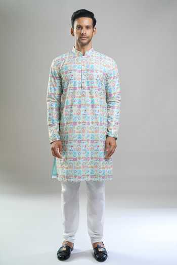Arihant Rai Sinha_Blue Cotton Jacquard Print Kurta And Churidar Set _at_Aza_Fashions