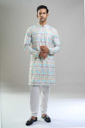 Buy_Arihant Rai Sinha_Blue Cotton Jacquard Print Kurta And Churidar Set 