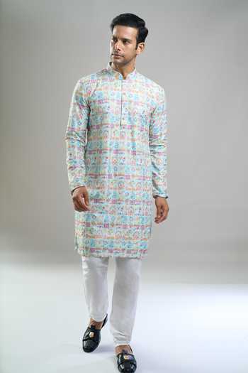 Shop_Arihant Rai Sinha_Blue Cotton Jacquard Print Kurta And Churidar Set 