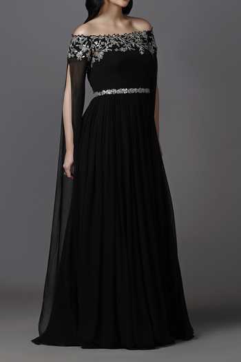 Shop Pooja Peshoria Black Neckline Embroidered Gown For Kids Shop_Pooja Peshoria_Black Neckline Embroidered Gown For Kids