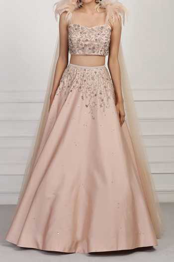 Pooja Peshoria Peach Satin Cutdana Work, Sequin, Bead, Embroidered Blouse And Lehenga Set For Kids Online at Aza Fashions Pooja Peshoria_Peach Satin Cutdana Work, Sequin, Bead, Embroidered Blouse And Lehenga Set For Kids_Online_at_Aza_Fashions