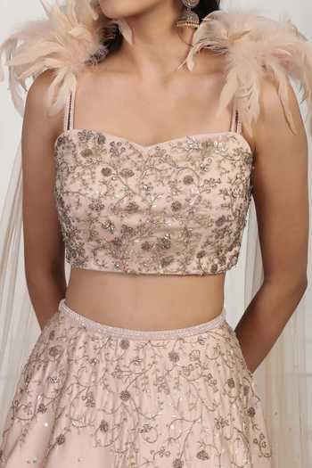 Shop Pooja Peshoria Peach Satin Cutdana Work, Sequin, Bead, Embroidered Blouse And Lehenga Set For Kids Online at Aza Fashions Shop_Pooja Peshoria_Peach Satin Cutdana Work, Sequin, Bead, Embroidered Blouse And Lehenga Set For Kids_Online_at_Aza_Fashions