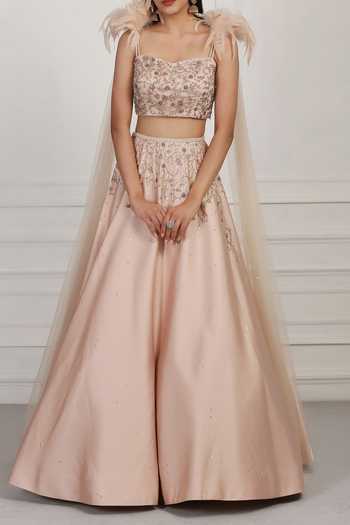 Buy Pooja Peshoria Peach Satin Cutdana Work, Sequin, Bead, Embroidered Blouse And Lehenga Set For Kids Buy_Pooja Peshoria_Peach Satin Cutdana Work, Sequin, Bead, Embroidered Blouse And Lehenga Set For Kids
