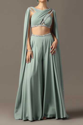 Pooja Peshoria_Green Polyester Georgette Crystals Draped Top And Sharara Set For Kids_Online_at_Aza_Fashions