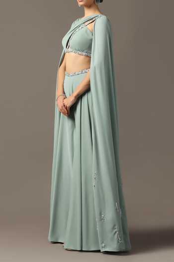 Buy_Pooja Peshoria_Green Polyester Georgette Crystals Draped Top And Sharara Set For Kids_Online_at_Aza_Fashions